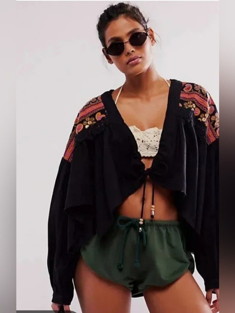FREE PEOPLE | ANTHRO Black Embroidered Savannah Cropped Tie Oversized Jacket XS